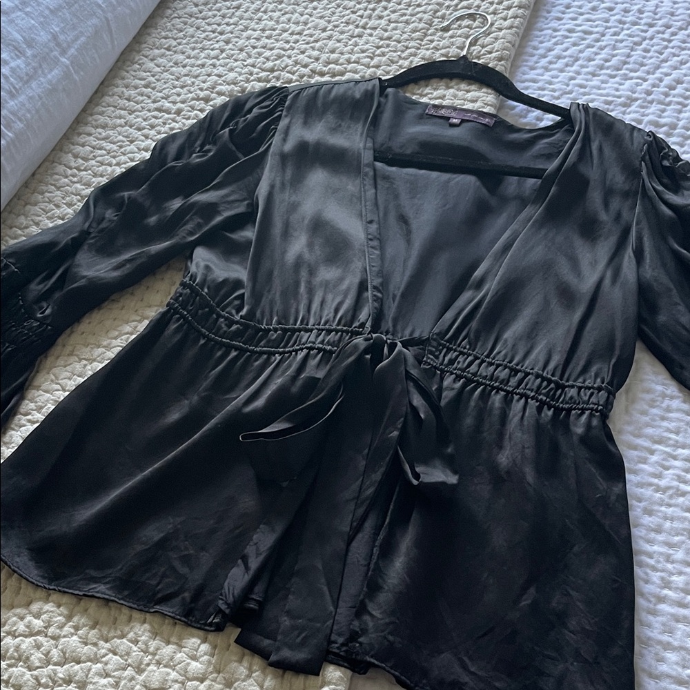 Hale Bob Black Satin Crop Blouse with Tie Front Size M